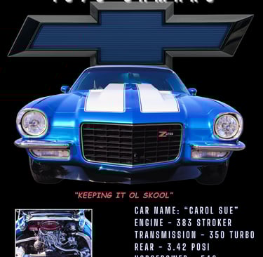 a poster for a car show with a blue and white car