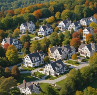 Stunning view of a Massachusetts neighborhood highlighting the charm and variety of local homes.