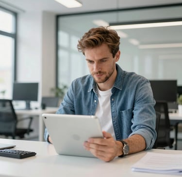 Happy man reviewing his new website on a tablet in a cozy office.