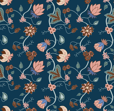 Modern Indian Chintz repeating pattern design with navy blue background and folk style flowers.