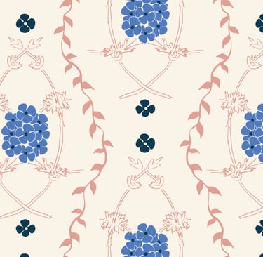 Modern damask style repeating pattern design using vines, florals & sage plants for botanical design