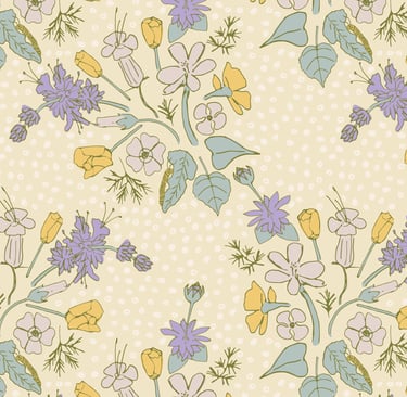 Repeating pattern design with native california wildflowers and sage plants in a warm color palette