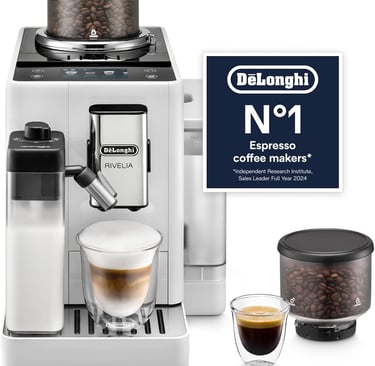White DeLonghi Rivelia automatic espresso machine with milk frother and integrated bean grinder.