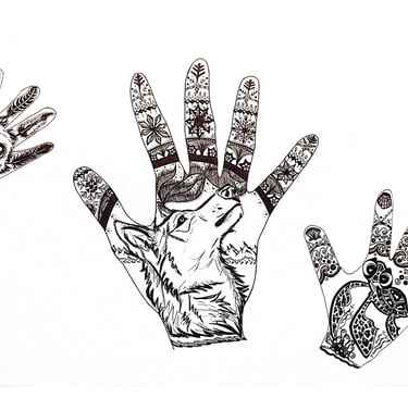 Detailed black and white hand illustrations featuring a wolf, turtle, and tarsier with intricate mandala patterns.