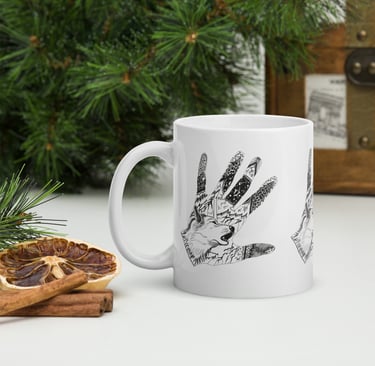Gepersonaliseerde handomtrek tekening met wolf bergen geprint op mok keramisch