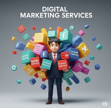 3D illustration of digital marketing expert with floating social media marketing platform cubes.