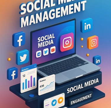 Social media management graphic showing laptop and social platform icons.