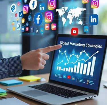 Digital marketing strategy displayed on laptop with social media icons floating above.