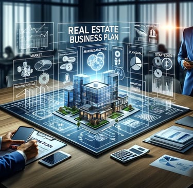 Digital marketing strategy for real estate business showing property analytics, planning dashboards,