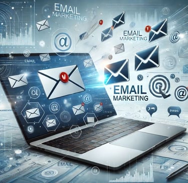 Email marketing laptop illustration with digital mail icons.