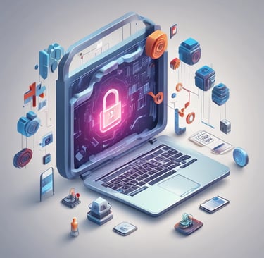 A 3D isometric laptop illustration featuring a glowing pink lock icon for cybersecurity and data protection.