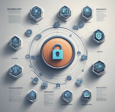 Cybersecurity infographic showing a blue padlock icon surrounded by network security nodes and data protection symbols.