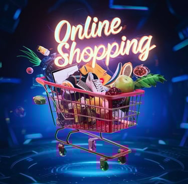 Colorful online shopping cart filled with products representing eCommerce and digital purchasing.