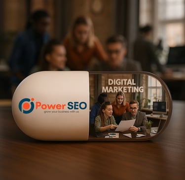Power SEO digital marketing concept showing a team discussing strategies inside a capsule design.