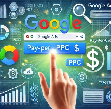 Google Ads PPC illustration with click and analytics icons