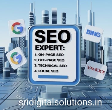 SEO expert services graphic highlighting on-page SEO, off-page SEO, technical SEO, and local SEO.