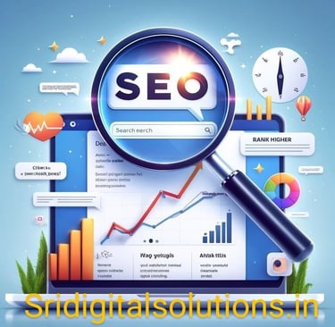 SEO analytics illustration with a magnifying glass, charts, and graphs showing search ranking .
