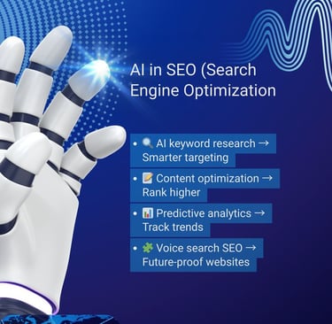 AI hand demonstrating SEO optimization tools and features.