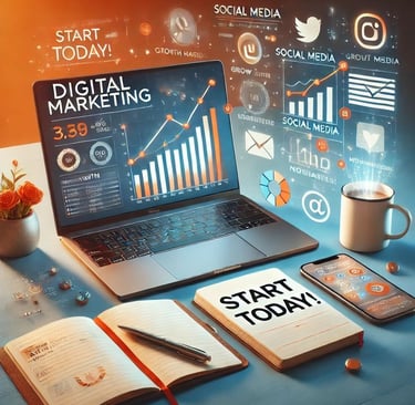 Digital marketing workspace with laptop displaying SEO analytics, growth charts, and social media.