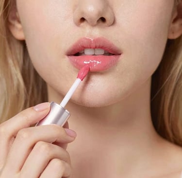 Glossy red lip gloss applied on smooth lips reflecting light.