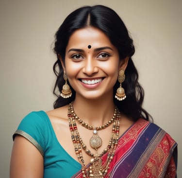 Finished eco-friendly jewelry pieces worn by a confident woman outdoors.