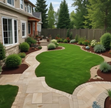 Garden beds edged sharply with mulch and healthy plants thriving.