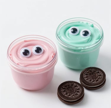 Close-up of slime with shiny sequins and tiny fruit-shaped charms mixed in.