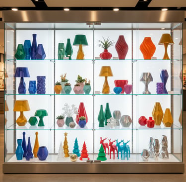 A modern glass display case featuring colorful geometric vases, 3D-printed lamps, and decorative home decor.