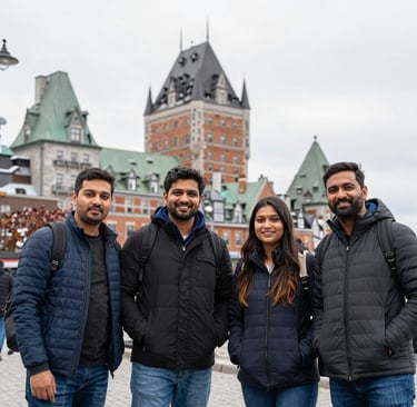 Smiling travelers helping each other with backpacks on a scenic mountain trail.