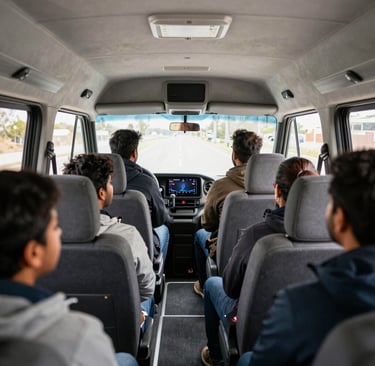 A diverse group laughing over coffee at a cozy local café during their trip.