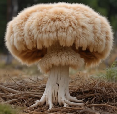 Close-up of fresh lion's mane mushroom growing on a mossy log in a forest.