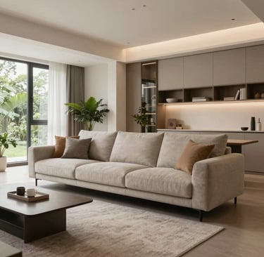 Soft morning light gently illuminating a serene, well-kept garden surrounding a modern, elegant home.