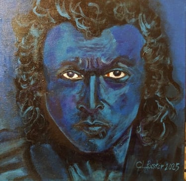 a painting of a man with blue eyes
