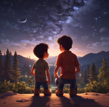 A young explorer gazing at magical creatures under a starlit sky.