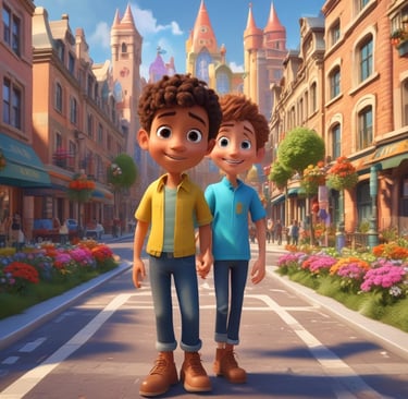 A joyful child riding a whimsical dragon over colorful hills.