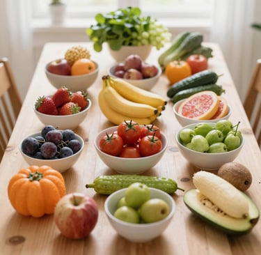 A colorful bowl filled with fresh fruits and vegetables on a rustic wooden table, symbolizing healthy eating.