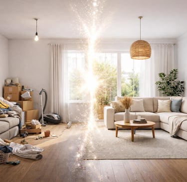 Illustration du home organising : passage du désordre à un salon ordonné et lumineux