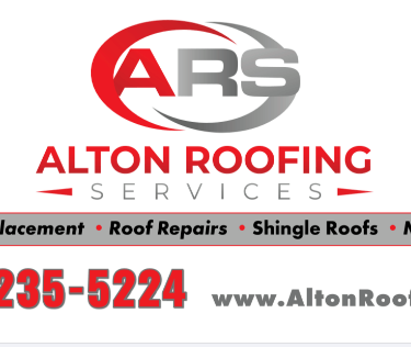 Alton Roofing Services logo offering roof replacement, repairs, shingle, and metal roofs.