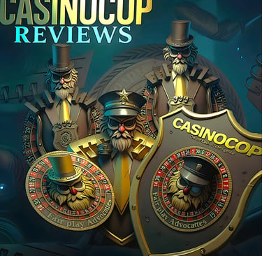CasinoCop Reviews luxury casino intelligence shield logos with fair play roulette branding