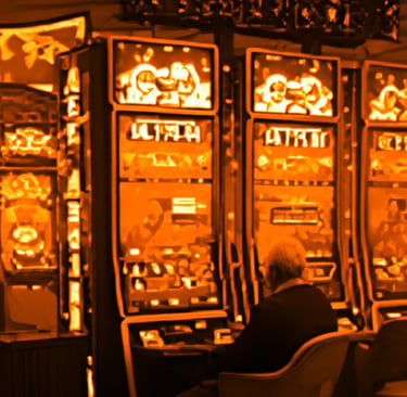 Slots volatility, a lone player at glowing slot machines in an amber-lit casino, CasinoCop report