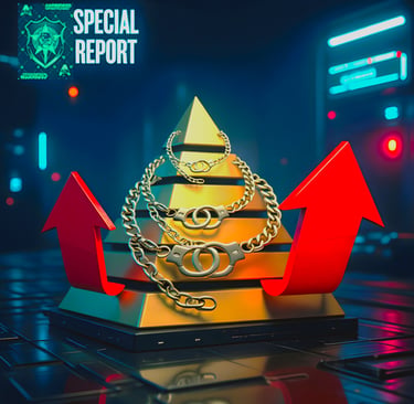 Online gambling complaints South Africa, CasinoCop gold pyramid in chains with rising red arrows