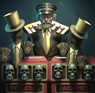 Are online slots rigged, CasinoCop owl sheriff holding 777 symbols above skull slot reels