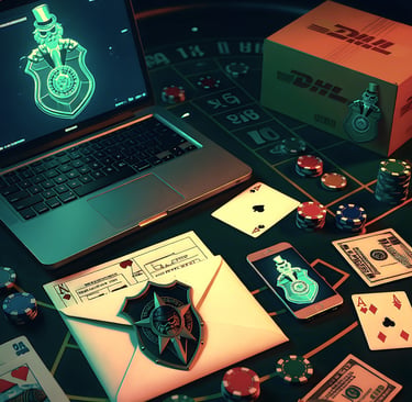CasinoCop investigation desk with chips, cards, cash and evidence.