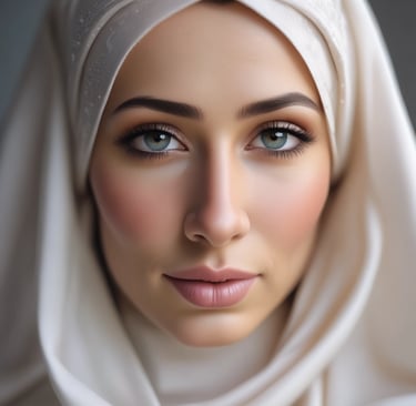 Photorealistic close-up of a beautiful Hijabi bride. She is wearing a simple, elegant silk Hijab. 