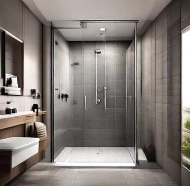Walk‑in shower with sliding glass doors and grey tiles – another style of shower after roller repair