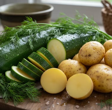 This picture shows golden potatoes, dill and zucchini in a natural kitchen setting.