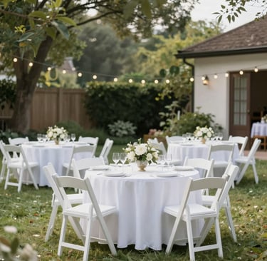 Gold Chiavari chairs elegantly arranged around a 6-foot rectangular table set for a lively birthday celebration.