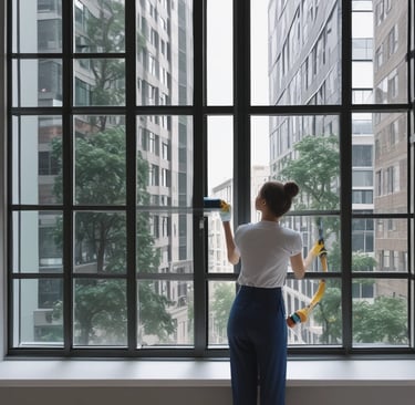 Window washing in progress showing spotless glass overlooking a cityscape.