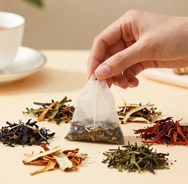 Elegant flat lay of ōmme hot pyramid tea bags with shatavari and rooibos leaves on a creamy off-white linen cloth