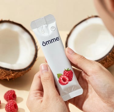 Softly lit close-up of a mother gently holding a sachet of ōmme coconut-raspberry lactation drink, surrounded by fresh raspberries and coconut halves.
